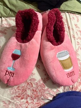 Cozy Plush AM/PM Pink Indoor Slippers with Embroidered Coffee & Wine